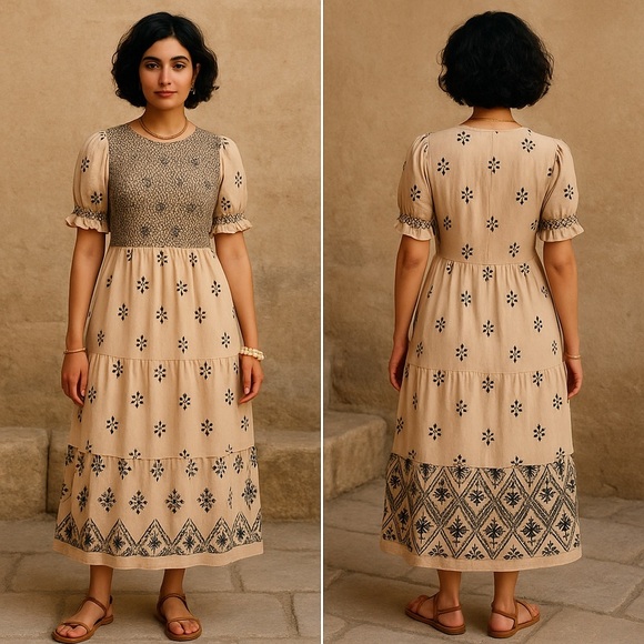 Apricot Boho Tiered Maxi Dress-Missing label - Picture 1 of 2